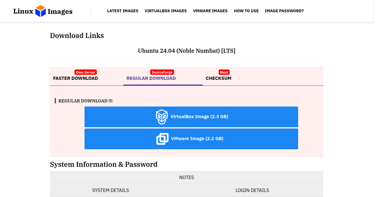 Ubuntu 24.04 虚拟机镜像下载页中的 VirtualBox 和 VMware 选项